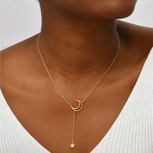 Gold Plated Stainless Steel Moon & Star Lariat Necklace